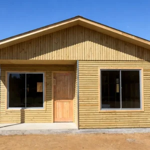 casa prefabricada 36 metros cuadrados Chile, casa prefabricada 2 dormitorios Biobío, casa prefabricada techo 2 aguas con porche, casas prefabricadas González 36m2, casa prefabricada madera 2 dormitorios económica