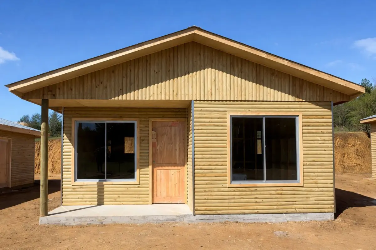 casa prefabricada 36 metros cuadrados Chile, casa prefabricada 2 dormitorios Biobío, casa prefabricada techo 2 aguas con porche, casas prefabricadas González 36m2, casa prefabricada madera 2 dormitorios económica