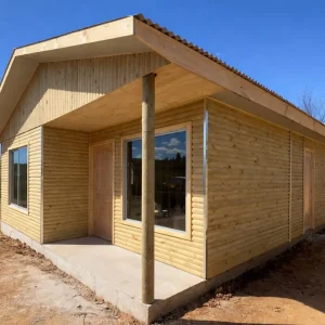 casa prefabricada 54 metros cuadrados Chile, casa prefabricada 3 dormitorios techo 2 aguas Biobío, casas prefabricadas González 54m2, casa prefabricada madera 3 dormitorios con porche, casa prefabricada económica Región del Biobío
