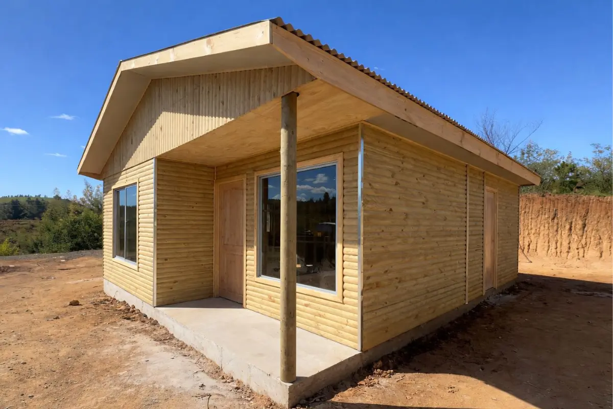 casa prefabricada 54 metros cuadrados Chile, casa prefabricada 3 dormitorios techo 2 aguas Biobío, casas prefabricadas González 54m2, casa prefabricada madera 3 dormitorios con porche, casa prefabricada económica Región del Biobío