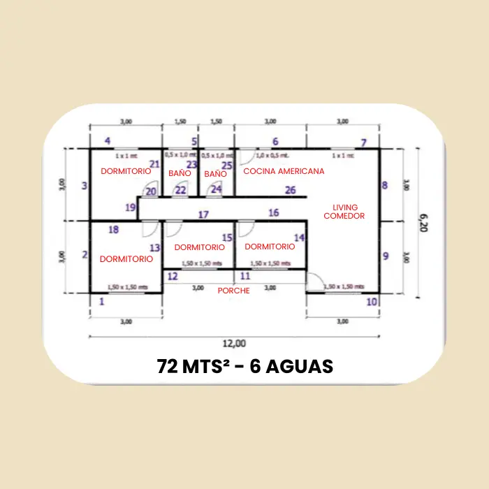 Casa Prefabricada 72 m² con Techo 6 Aguas (12,00 m) — Casas González - Imagen 2
