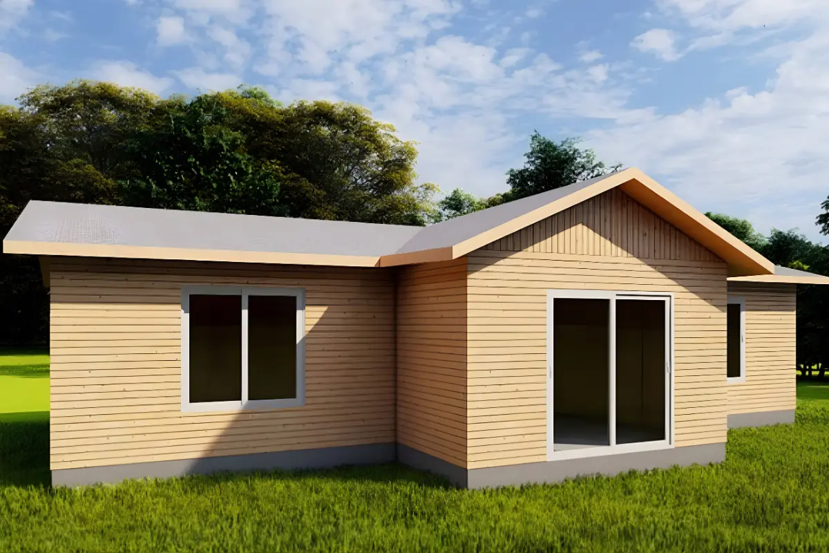 casa prefabricada 80 metros cuadrados Chile, casa prefabricada 3 dormitorios techo 4 aguas Biobío, casas prefabricadas González 80m2, casa prefabricada madera amplia sur de Chile, casa prefabricada con WC independiente Biobío